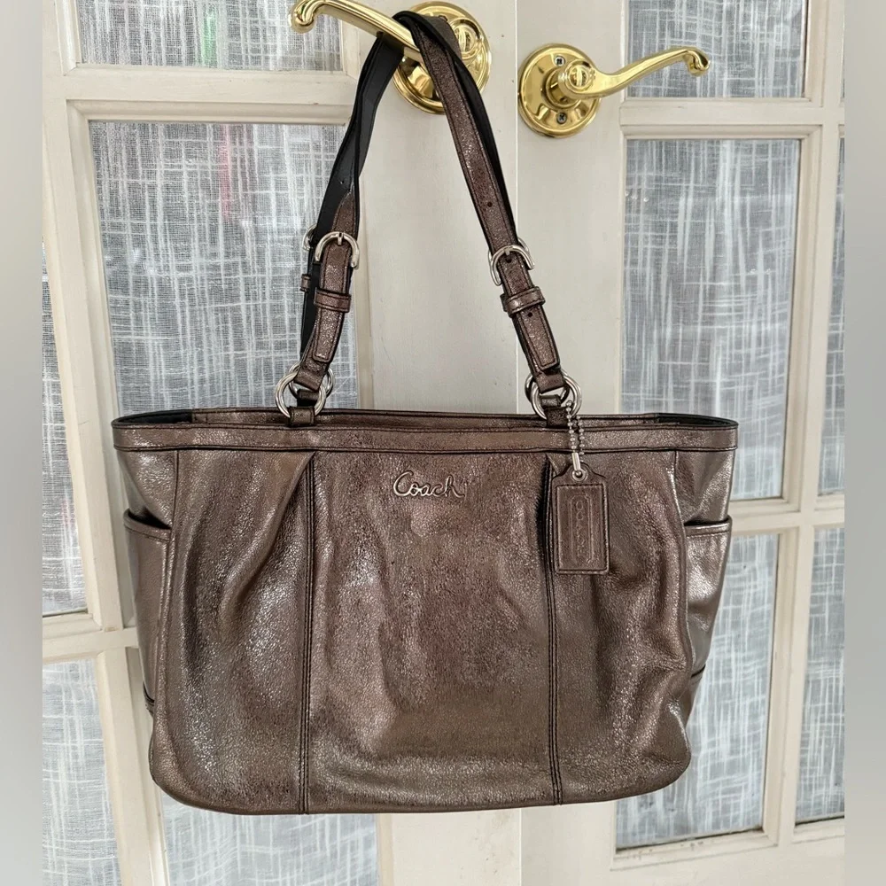 COACH Gallery East West Tote Metallic Leather Shoulder Bag Shimmering Bronze